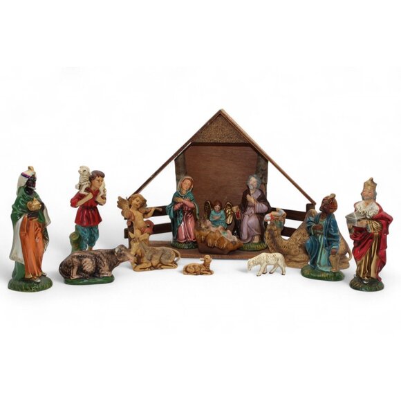 Vintage Hand-Painted Nativity Scene Set 12-Piece Christmas Décor Figures & Wood - Picture 1 of 12